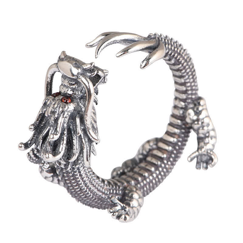925 Sterling Silver Dragon Ring – White background studio shot of oxidized dragon ring with red eye accents, Classic