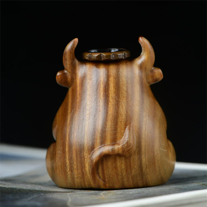 Green Sandalwood Calf Incense Burner – Rear view with curved horns, carved tail, dark lid