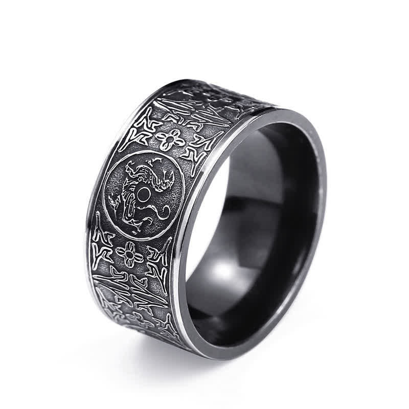 Four Guardian Beasts Ring – dragon medallion with tribal borders, Mystical
