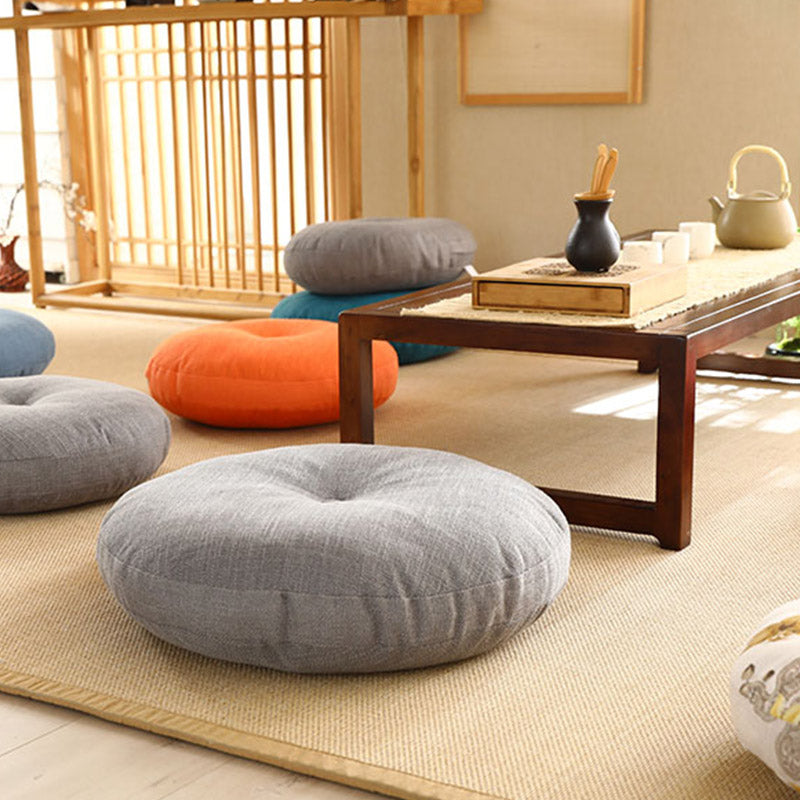 Lotus Linen Meditation Cushion – Four cushions on tatami mat with tea set, zen decor