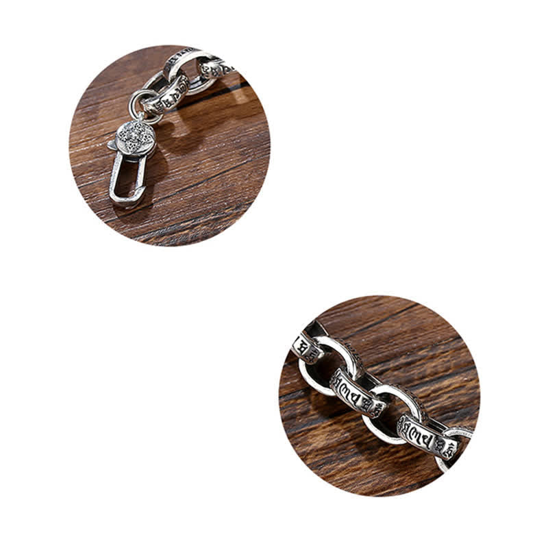 Silver Om Mani Padme Hum Bangle – Two circular detail crops, clasp and engraving