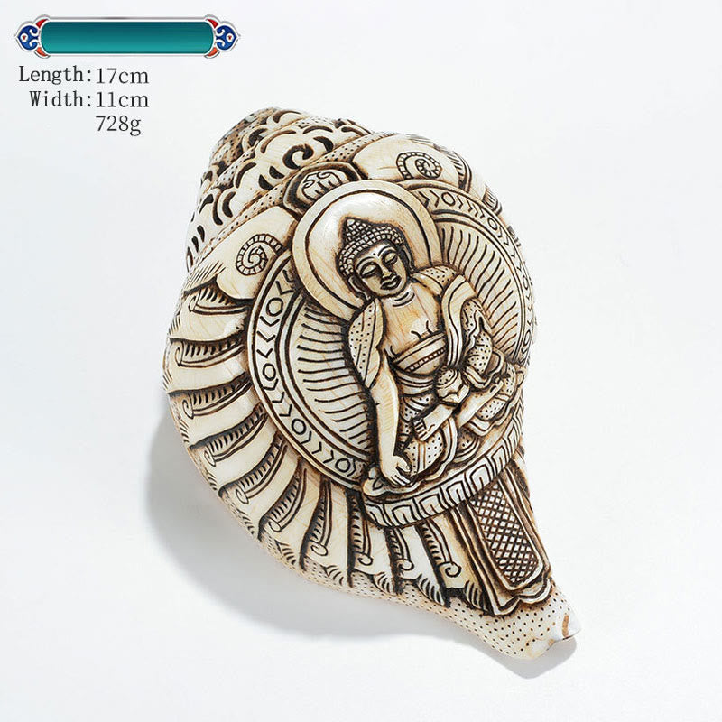 Engraved Shankha Wealth Conch – floating on black slate with gold leaf accents, luxury spiritual decor