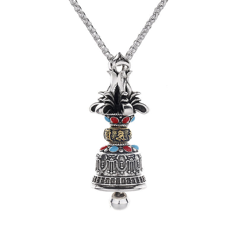 Tibetan Vajra Bell Pendant – Studio shot on white, full front of mixed-metal ghanta bell, Buddha necklace