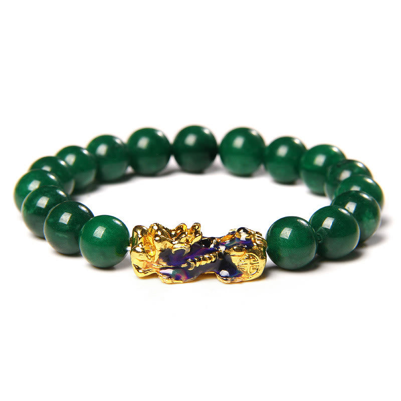 Jade Pixiu Bracelet – Straight on view green jade beads gold-blue PiXiu white backdrop, feng shui luck charm