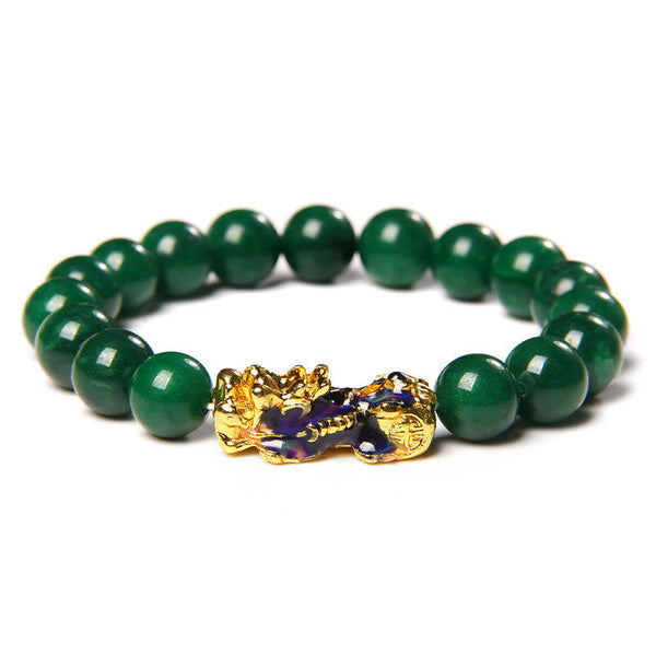 Jade Pixiu Bracelet – Straight on view green jade beads gold-blue PiXiu white backdrop, feng shui luck charm