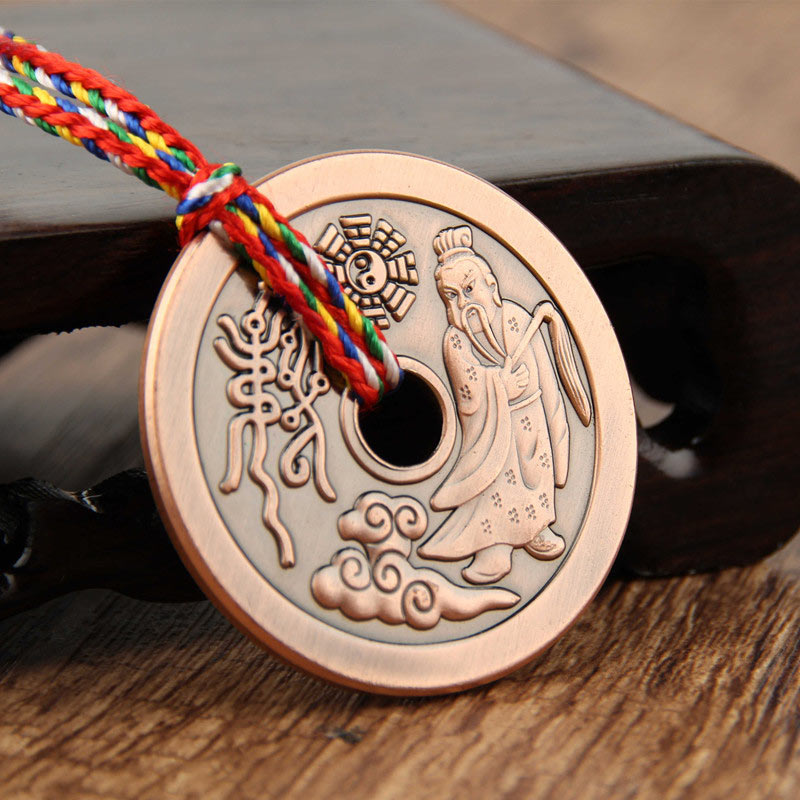 Taoist Yin Yang Copper Protection Amulet - Coin with deity figure and Bagua, copper talisman