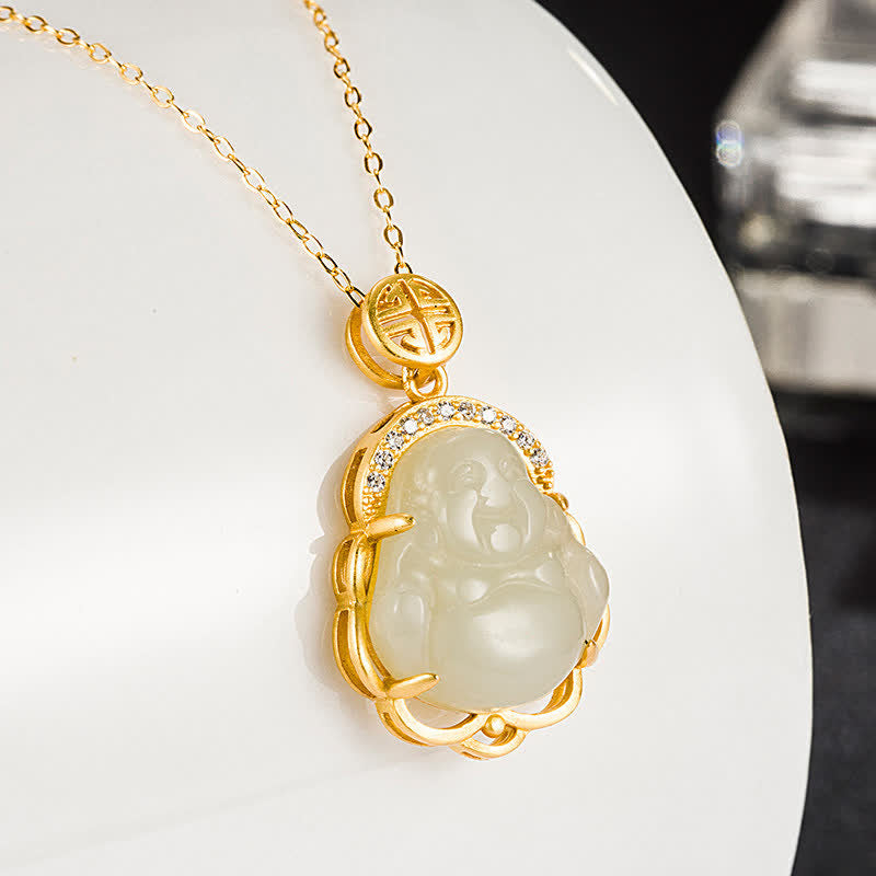 Hetian Jade Buddha Pendant – laughing face detail, silver necklace