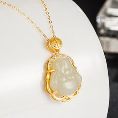 Hetian Jade Buddha Pendant – laughing face detail, silver necklace