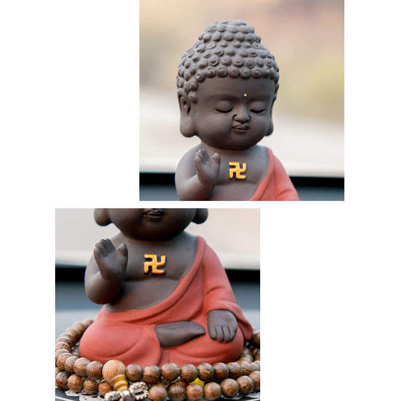 Small Buddha Purple Clay Decoration – vertical split composite, head portrait and body with mala beads, dual detail perspecti