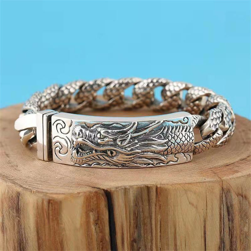 Dragon Scale Bracelet - scale-textured curb chain on wood slice, masculine, unique