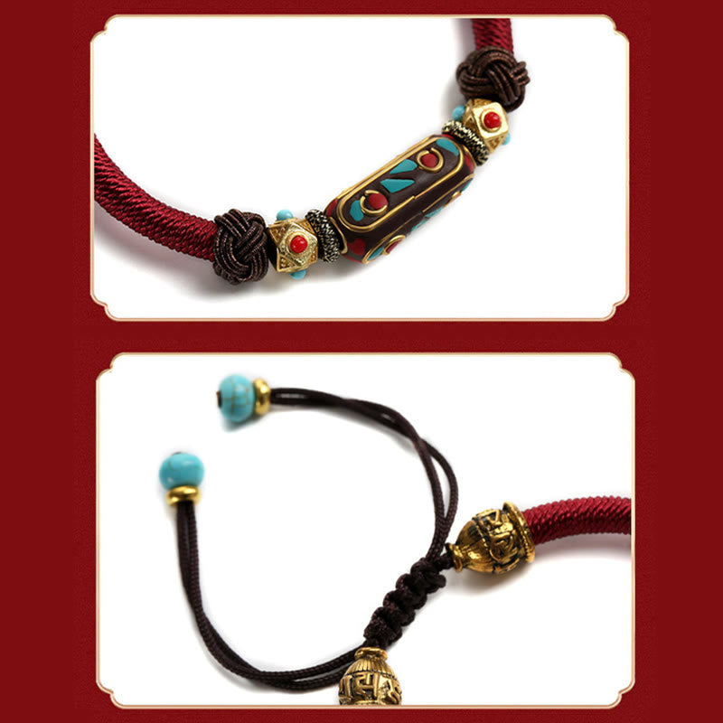 Tibetan Turquoise Om Mani Padme Hum Braided Bracelet – Front bead detail and adjustable sliding knot closure, two views