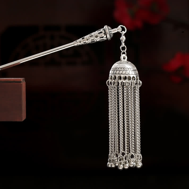 Tassels variant cylindrical bell pendant with silver chain fringe