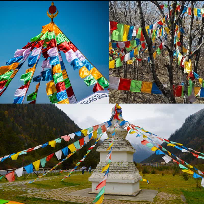 Tibetan Prayer Flag 5 Colors Windhorse Outdoor – Blue white red green yellow prayer flags fluttering in mountain breeze