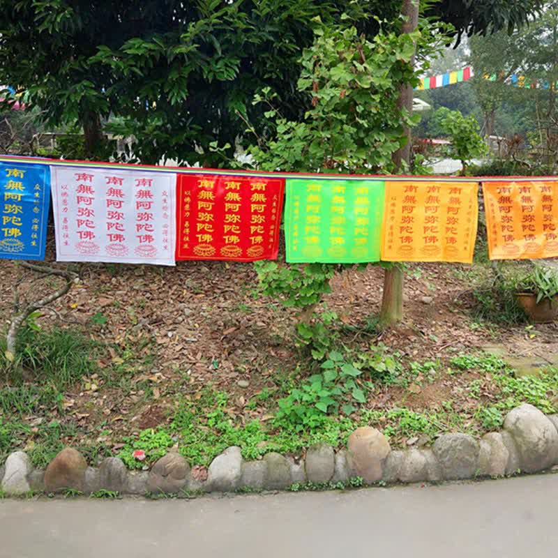 Tibetan Windhorse Lotus Prayer Flag Set - five-color flags over stone border, spiritual