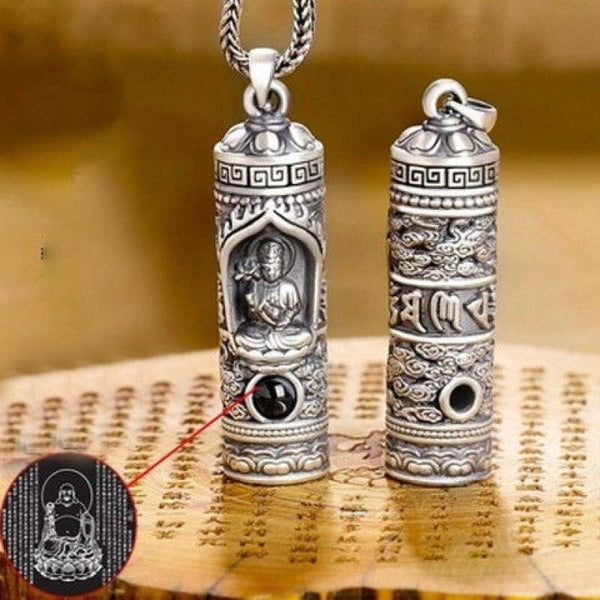 Chinese Zodiac Natal Buddha Projection Necklace – Front and back dual view with projection demo, Sanskrit mantra detail