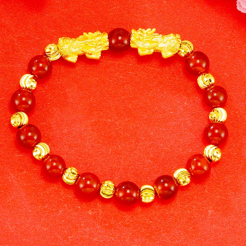 Golden Double PiXiu Bracelet – Red agate beads with gold double PiXiu and gold spacers on red, wealth