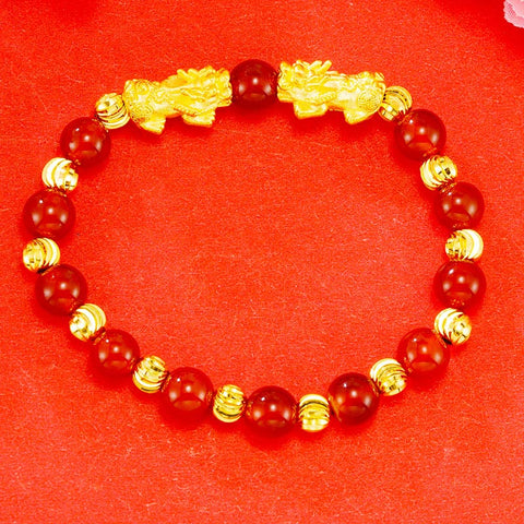 Golden Double PiXiu Bracelet – Red agate beads with gold double PiXiu and gold spacers on red, wealth Main image