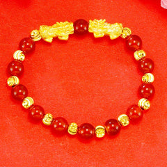 Golden Double PiXiu Bracelet – Red agate beads with gold double PiXiu and gold spacers on red, wealth