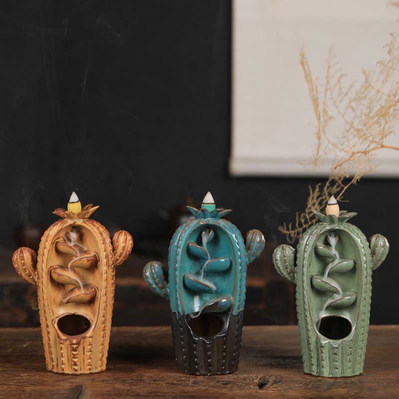 Cactus Backflow Incense Burner – trio in terracotta turquoise sage on wood, cactus incense holder