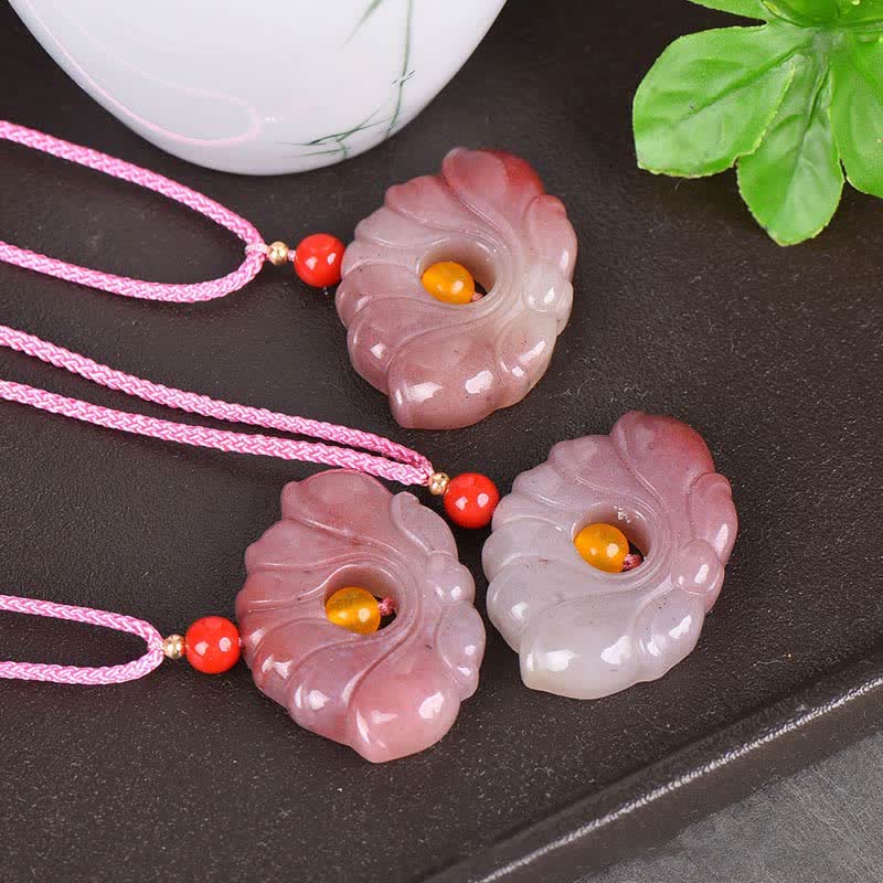 Lotus Pendant Necklace – Three pink carved flower pendants with amber beads, braided cords, natural stone jewelry set