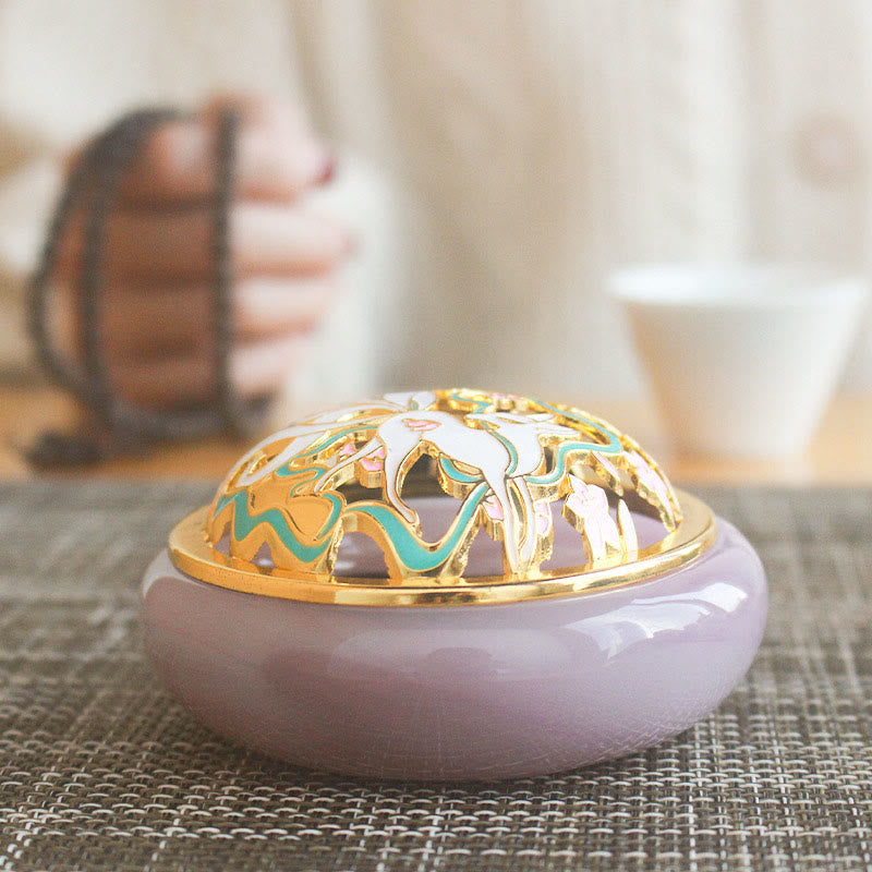 Purple Nine-Tailed Fox Incense Burner - Cloisonne lid on woven mat with blurred beads, liuli censer