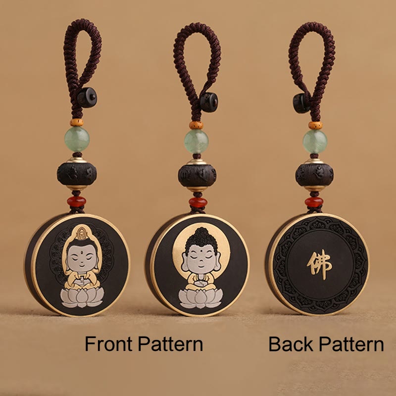 Ebony Avalokitesvara Keychain – brass keyring hardware with swivel clasp detail, metal fitting quality