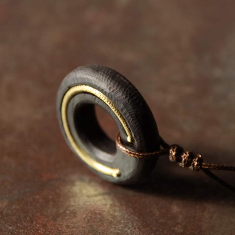 Forged Metal Ring Pendant - gold inlay on brown leather cord, hammered texture artisan circle men's necklace