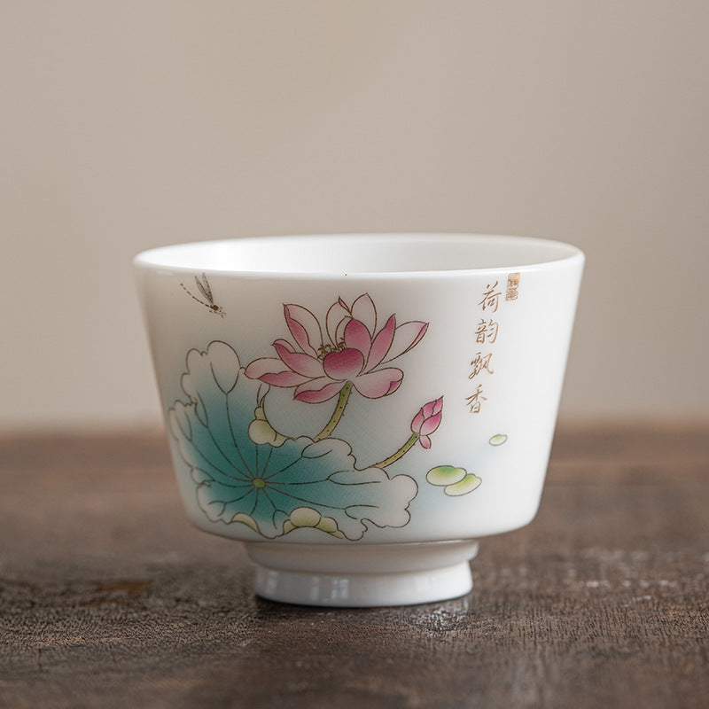 Ceramic Kung Fu Tea Cup – five cups on carved wooden stand, lotus, peony, mountain, deer and tree motifs, display
