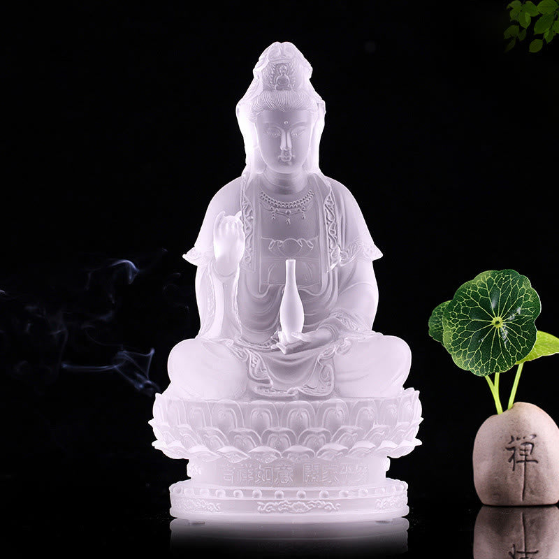 Kwan Yin Liuli Crystal Statue – Serene face with ornate crown detail, meditation room decor