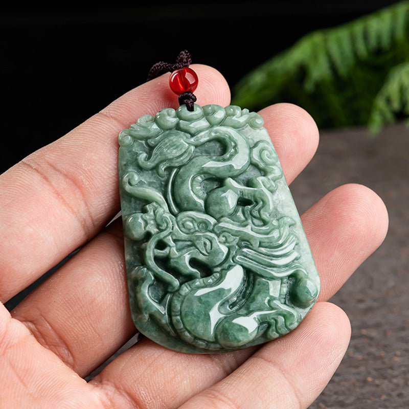 Chinese Zodiac Dragon Jade Strength Necklace - hand-held mottled jade dragon pendant with red bead, protection jewelry