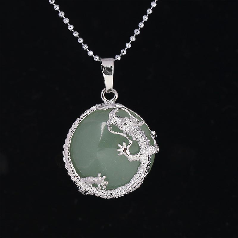 Dragon Multi-Stone Crystal Healing Pendant – Green aventurine dragon wrap with translucent glow, prosperous