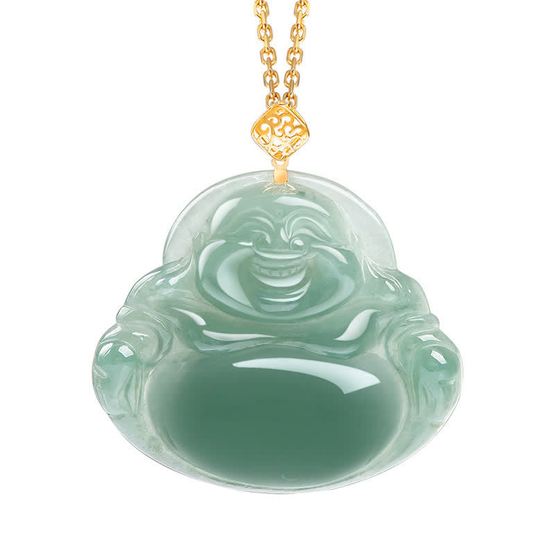 Laughing Buddha Jade Prosperity Necklace 18K Gold Abundance Pendant – 18K gold bail Hotei pendant, premium craftsmanship jewe