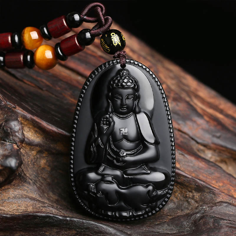 Chinese Zodiac Buddha Black Obsidian Necklace – Amitabha pendant on weathered wood with red gold beaded cord, swastika on chest, protective amulet