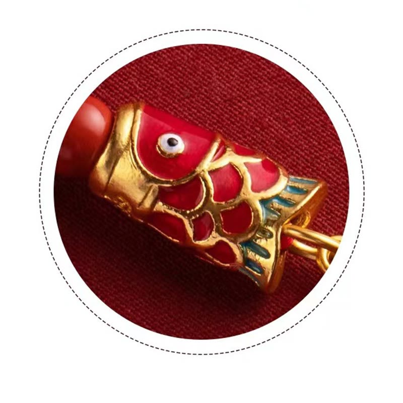 Koi Fish Cinnabar Ruyi Phone Charm – koi and ruyi cinnabar pendants with gold spacer beads on red cord, wish