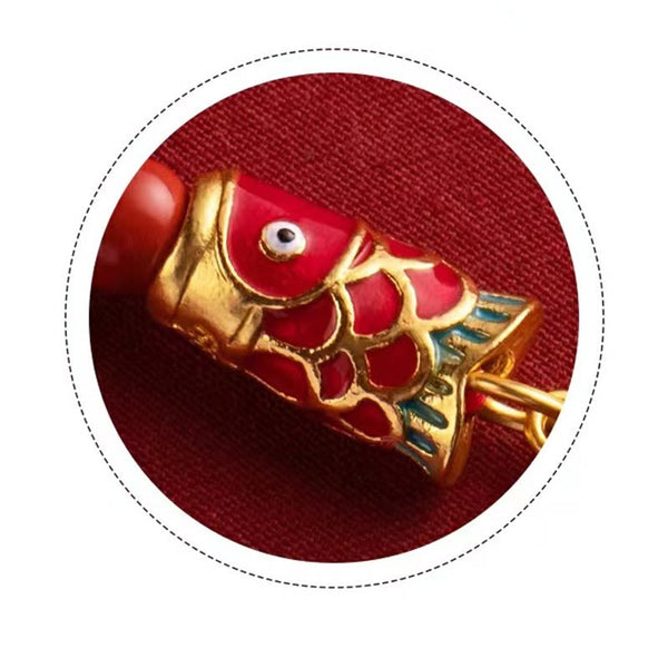 Koi Fish Cinnabar Ruyi Phone Charm – koi and ruyi cinnabar pendants with gold spacer beads on red cord, wish