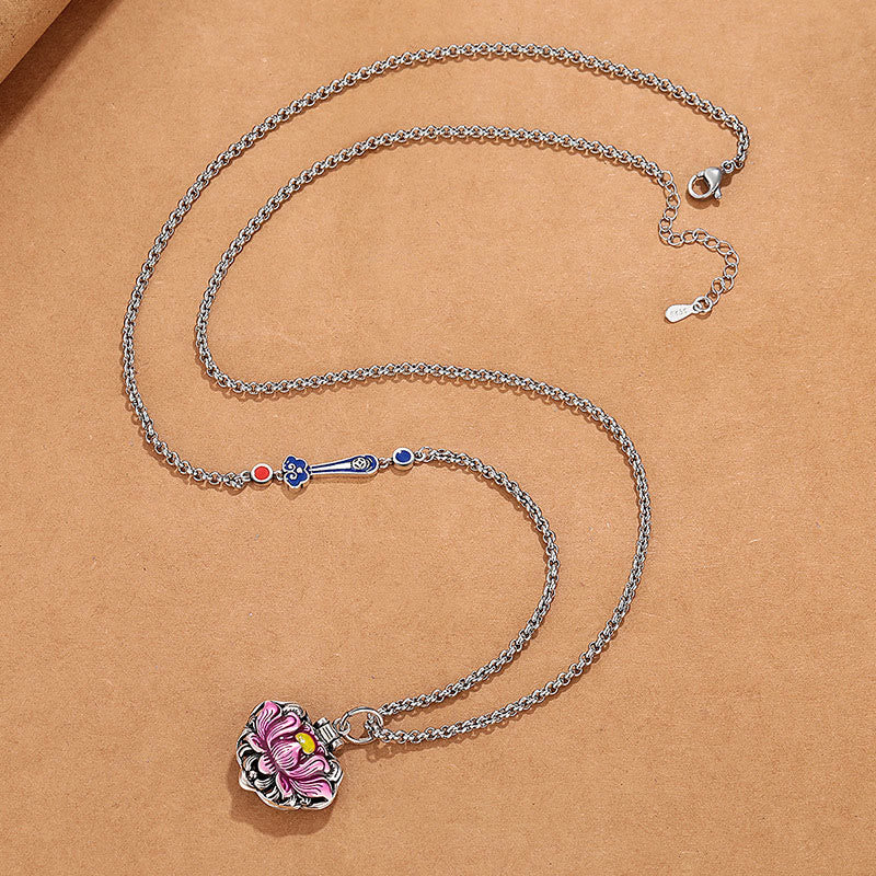 Tibet Copper Lotus Necklace – flat-lay rolo chain with enamel lotus, bohemian style