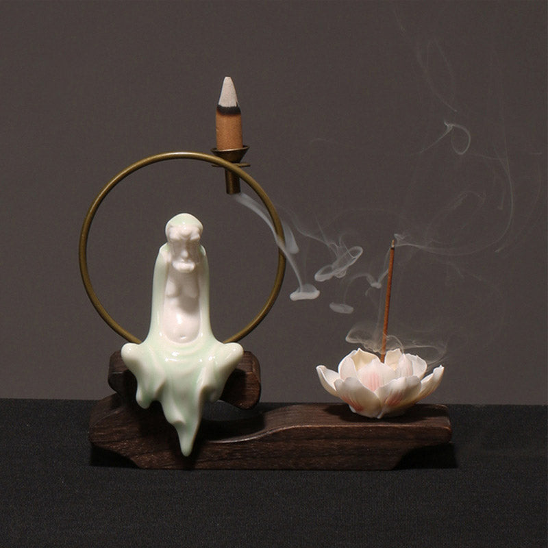 Ceramic Lotus Incense Burner – celadon sage, bowed head, smoke, wood stand, mindful