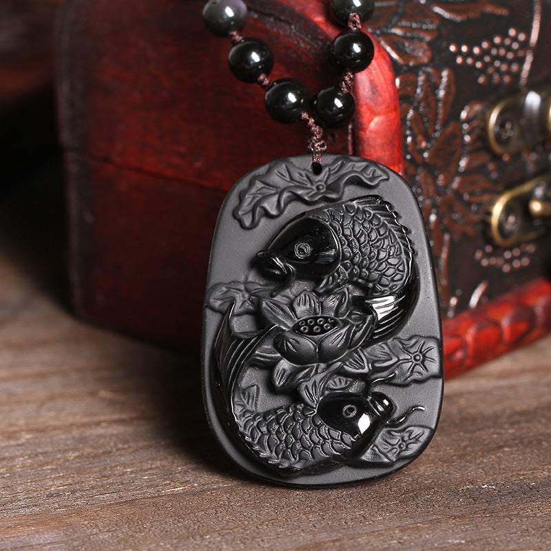 Black Obsidian Koi Fish Lotus Beaded Necklace – lotus flower bead detail, carved obsidian gemstone necklace