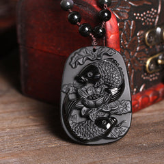 Black Obsidian Koi Fish Lotus Beaded Necklace – lotus flower bead detail, carved obsidian gemstone necklace