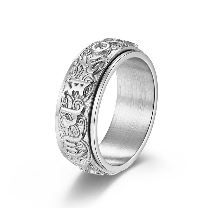 Om Mani Padme Hum Ring – Silver spinner with skull filigree on white background, titanium steel band