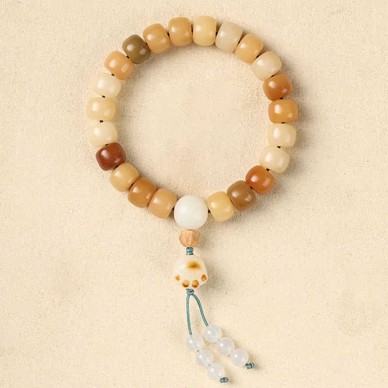Natural Bodhi Seed Om Mani Padme Hum Wisdom Bracelet - Cat paw charm with tassel dangle