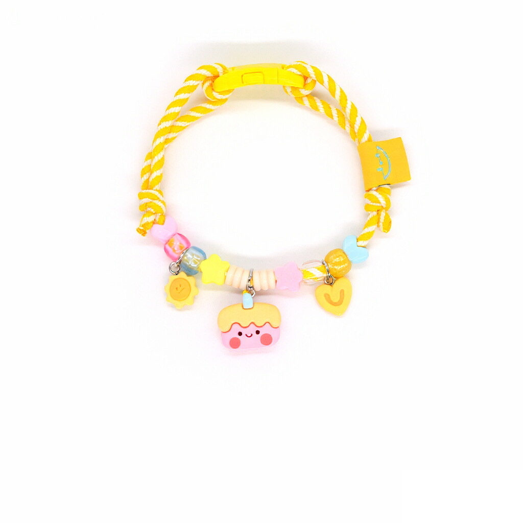 Lightweight Pet Collar – Yellow-white rope with smiley pudding, sunflower & heart, kawaii collar