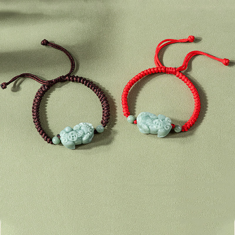 Jade PiXiu Knot Bracelet – Red and dark red braided bracelets with jade PiXiu side by side, couple set