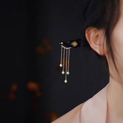Ebony Wood Pearl Tassel Hairpin, angled view
