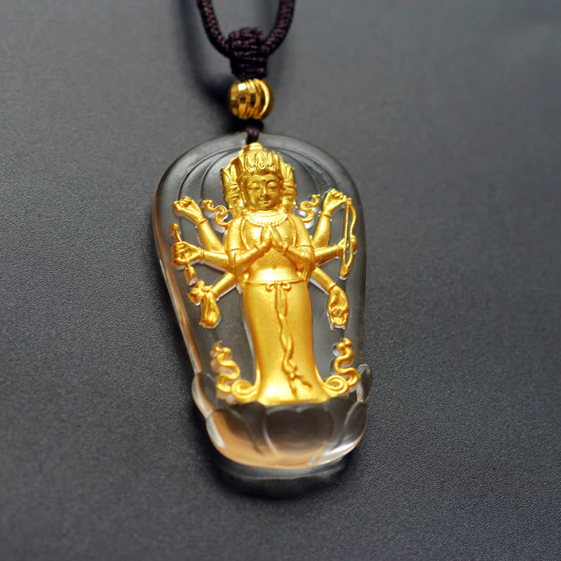 Avalokitesvara Liuli Crystal Necklace - Front view of colorful pendant, spiritual jewelry