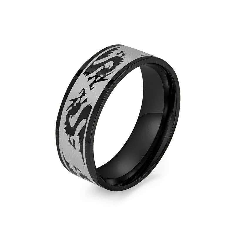 Dragon Titanium Steel Ring – Black band with dragon engraving on silver inlay, Protective