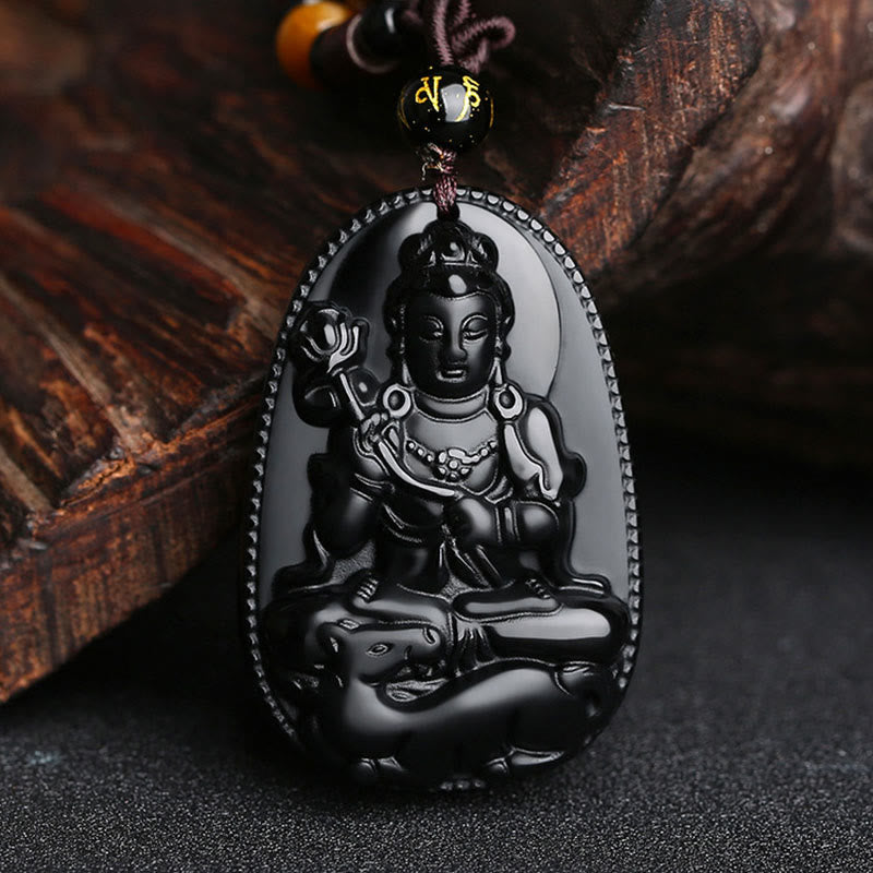 Chinese Zodiac Buddha Black Obsidian Necklace – Amitabha in meditation on obsidian pendant with halo and lotus base, dog pig zodiac Buddha, protective talisman
