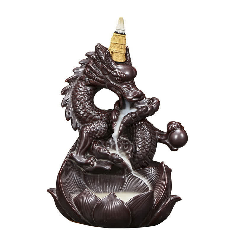 Dragon Lotus Ceramic Incense Burner – White background shot showing full dragon sculpture with active backflow smoke, Clean