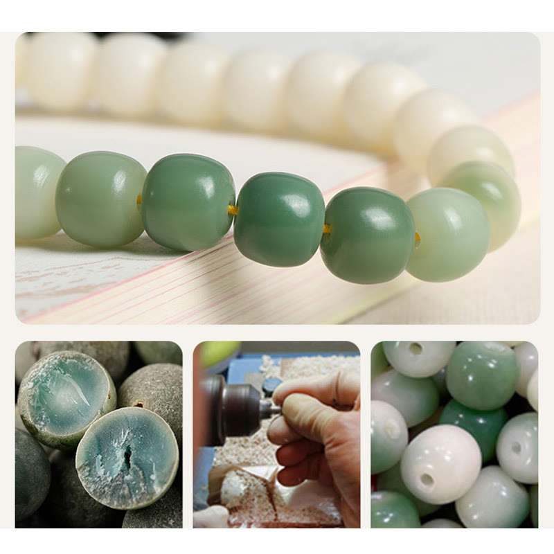 Bodhi Seed Lotus Wisdom Wrist Mala – Close-up of green jade beads held between fingers, natural color variation and yellow cord, bead detail