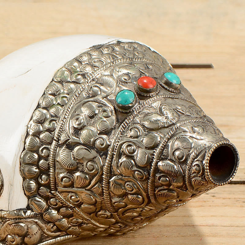 Tibetan Shankha Conch Shell Decoration – Conch on white, eight silver medallions, central turquoise rosette, Premium